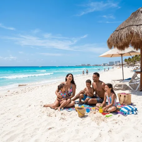 Familia en vacaciones en la playa de Cancún con paquete todo incluido