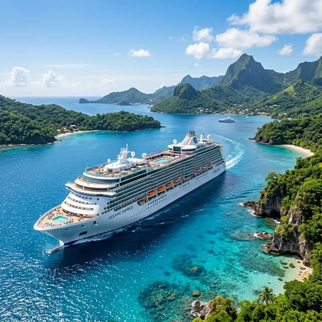 Crucero navegando por aguas turquesa del Caribe al atardecer